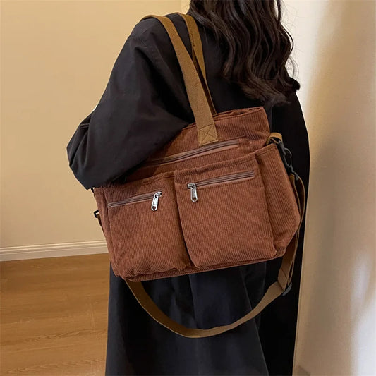 Female Large Capacity Corduroy Tote Bag New Korean Style Fashion Women Shoulder Crossbody Bag Worker Commuter Tote Handlebag